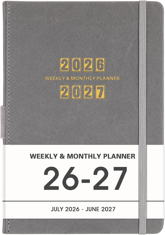 Planner 2026-2027 - 2026-2027 Planner Weekly and Monthly, Jul. 2026 - Jun. 2027, 5.75" x 8.25", Leather Planners with Thick Paper, Hardcover, Pen Loop, Back Pocket with Notes Pages - Grey