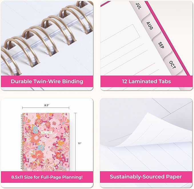 Blue Sky Color Me Courtney 2025-2026 Weekly and Monthly Academic Year Planner Calendar, July 2025 - June 2026, 8.5" x 11", Flexible Cover, Wirebound, Laminated Tabs, Storage Pocket, Bloom Pink