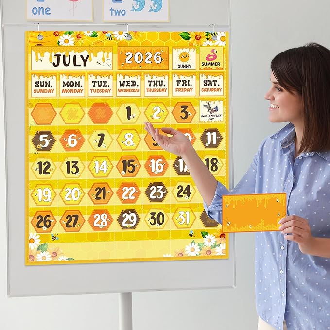 Sinload Classroom Calendar Pocket Chart Set Calendar Bulletin Board Set Seasons Festival Weather Pocket Chart for Classroom Decoration Back to School Supplies(Bee,Yellow)