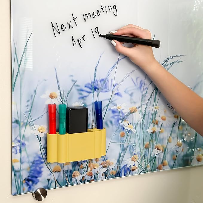 Glassboard Studio Magnetic Dry Erase Marker Holder - Super Strong for Magnetic Glass Whiteboard or Fridge - 2 Large Neodymium Magnets - No Slip Grip - Eco-Friendly PLA Plastic (Sunshine Yellow, KIT)