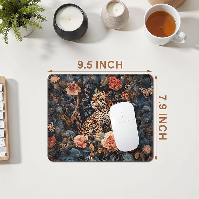 William Morris Inspired Floral Leopard Mouse Pad, Maximalist Wild Animal Cheetah Mouse Pad for Home Office Computer Gaming Desk Accessories, Leopard Cheetah Gifts for Women, 9.5x7.9 Inch