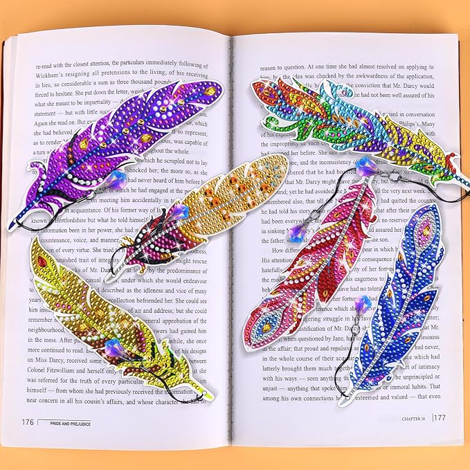 Diamond Art Bookmarks, 6 Pcs Cute Diamond Art Bookmarks for Book Lovers, DIY Feather Bookmark Diamond Art Kits for Kids