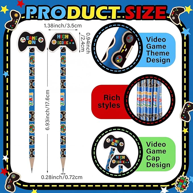 32 Pcs Video Game Themed Pencil with Eraser Video Game Party Favors Gaming Controller Stationery Supplies for School Classroom Exchange Gift Reward Prizes Adventure Vbs Party Supplies