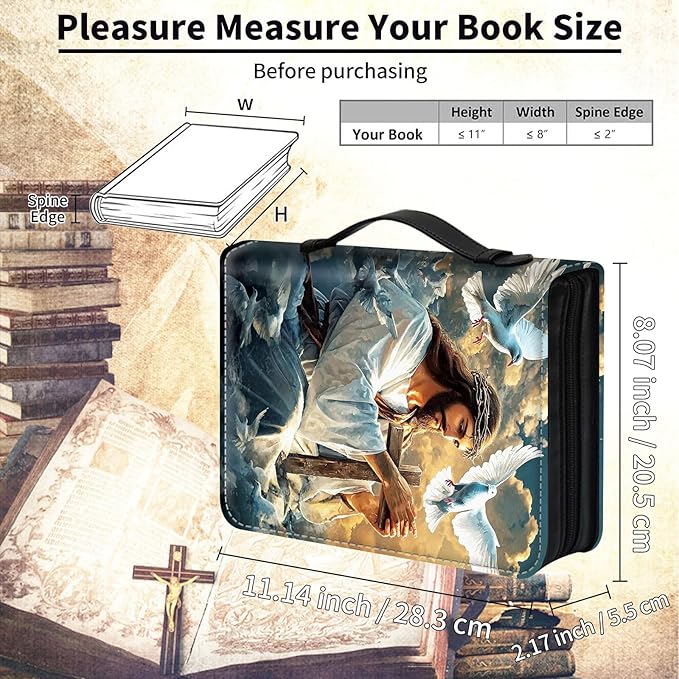 Bible Cover for Men Women,Large Leather Bible Case Fit Book Up to 11x8x2 Inch,Jesus with White Doves and Cross Bible Covers Bible Study Carrier Church Bags w/Handle & Zipper
