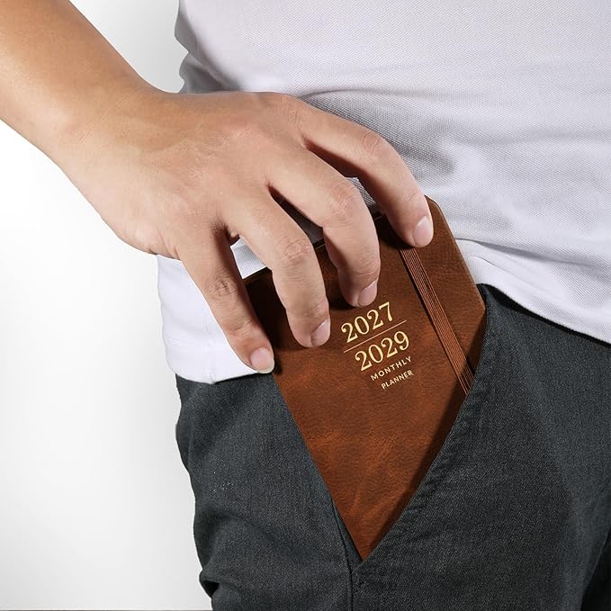 2027-2029 Monthly Pocket Planner - JAN 2027 - DEC 2029, 3 Year Calendar, Faux Leather Cover, 3.8" × 6.3", Pen Holder, 2 Bookmarks, Back Pocket