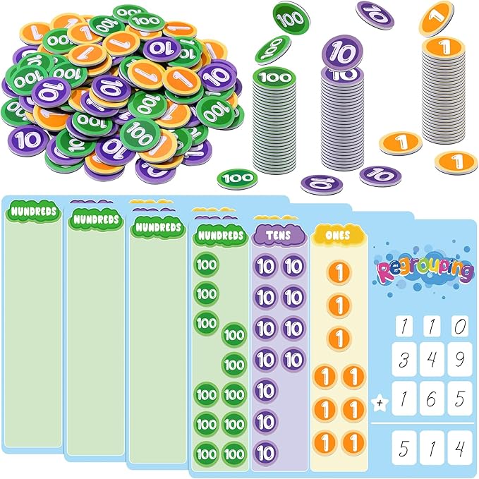 240 Pcs Magnetic Place Value Chart Kit, Math Place Value Manipulatives Regrouping Base Ten Blocks Dry Erase Board for 1st 2nd 3rd Grade Student Classroom Must Haves