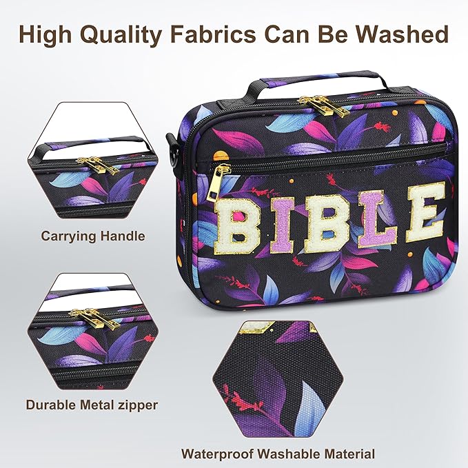 Bible Cover for Women, Bible Holder, Bible Cover Carrier Carrying Organizer Bag, God is Within Her She Will Not Fall, Zipper and Pockets for Standard Size Bible, Gift for Women（purpleLetter）
