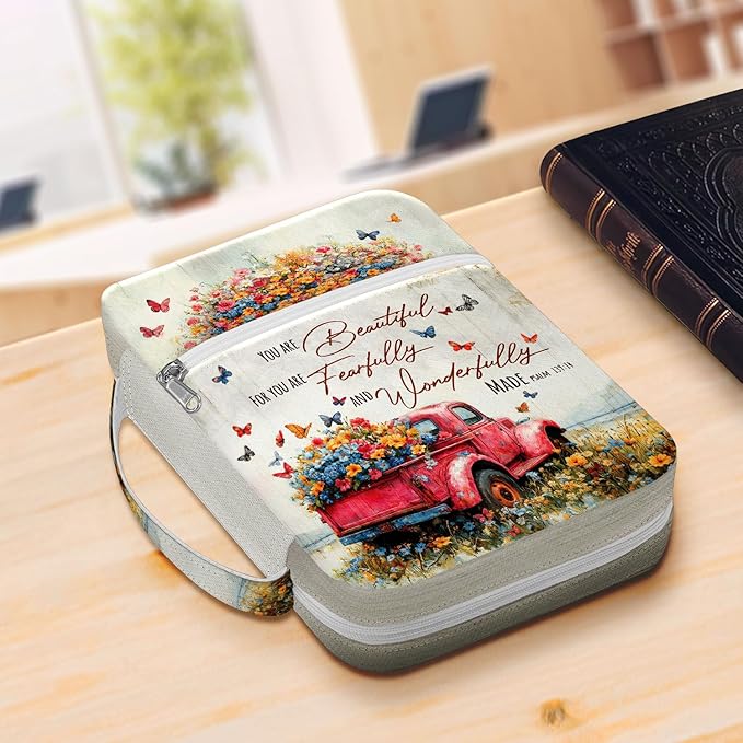 Vintage Red Truck Floral Bible Cover for Women, Scripture Verse Canvas Bible Case with Handle and Zipper Pocket, Fits Standard Size Bible, Christian Gift for Mom, Church Study Bag