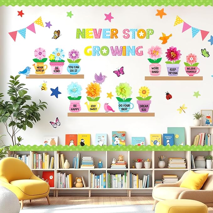 75 Pcs Spring Flower Bulletin Board Decorations Set 3D Flower Flowerpot Cutouts Decor Never Stop Growing Inspirational Bulletin Board Decoration for Classroom School Office Chalkboard Door Party Decor