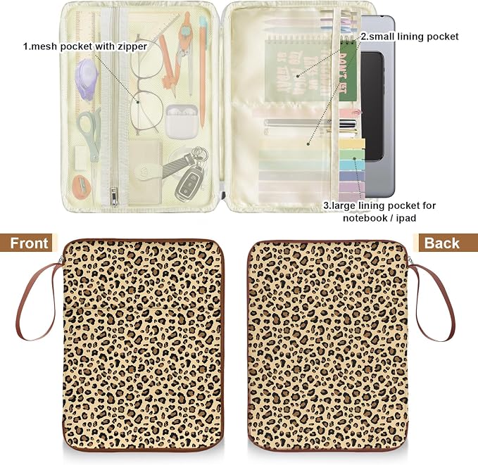 Leopard Book Sleeves with Zipper, Travel Book Protector Pouch for Paperbacks & Hardcover & Bible Books, Book Covers Bags with Pockets & Handle Strap, Book Carry Case for Book Lovers Mother's Day Gifts
