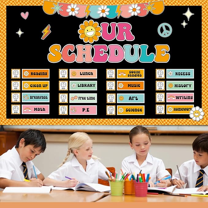 Groovy Daily Schedule Bulletin Board Scheduling Classroom Bulletin Board Decorations Daily School Schedule Paper Cutouts Classroom Must Haves for Class Office Home Chalkboard Wall Door Supplies