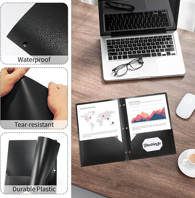 Plastic Folders with Pockets 3 Hole Punched, Pocket Folders for 3 Ring Binder, 6 Pack Black File Folder for School, Office, Documents, 2 Pocket Blinder Folder with Holes and Business Card Holder