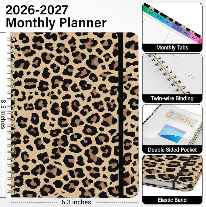 2026 Planner, Weekly and Monthly Calendar Planner for Women, 6.3" x 8.5", Jul 2026 - Jul 2027, Hardcover Planning Agenda book with Tabs, Spiral Bound, Inner Pocket, for School Office Supplies(Cheetah Spots)