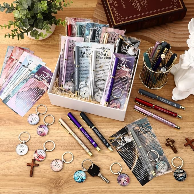 Feifeiya 75 Pcs Father's Day Christian Gifts Bulk 25 Bible Verse Pens 25 Religious Keychains 25 Emergency Number Bookmark Christian Church Gifts for Men Pastor Sunday School Church VBS(Colorful,Fresh)