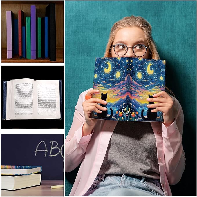Anseal 1 Pack Starry Night Black Cat Stretchable Book Sleeve Cover for Hardcovers Textbooks up to 9” x 12”, Washable Reusable Book Protector with 2 Labels