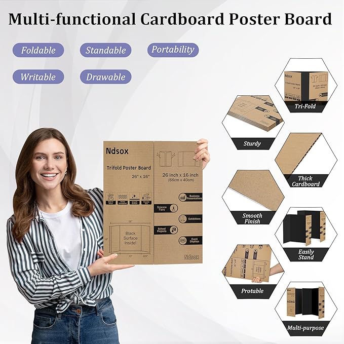 Ndsox 6 Pack 26" x 16" Black Trifold Poster Board Medium Size Corrugated Cardboard Science Fair Display Boards for School Projects, Business Presentations, Event Displays, and Art Exhibitions