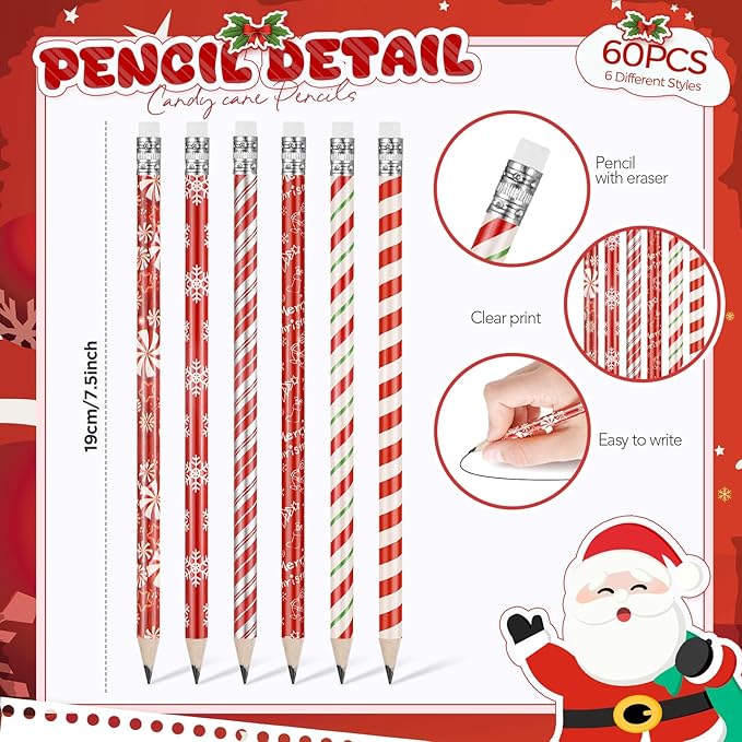 Watersay 60 Pcs Christmas Pencils with Eraser Xmas Wood Pencils Bulk Stationery Pencil Reward Christmas Party Supplies(Candy Cane)