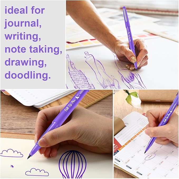 Fuyoooo 36 Pcs Purple Felt Tip Pens 0.7mm Medium Point Felt Tip Marker Pens Bulk, No Smear, Quick Dry for Journaling Planner Writing Note-taking Art Office and School Supplies