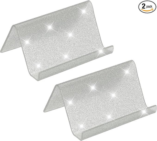 PATIKIL Business Card Holder for Desk, 2Pcs Acrylic Business Card Holders Shine Card Stand Organizer Cards Display for Office Exhibition, Silver Tone