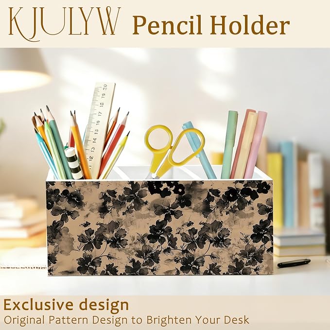 Vintage Black Floral Pen Holder for Desk, Retro Neutral Botanical Ink Flower Wooden Box Pencil Pen Holder Organizer for Home Office Desk Accessories