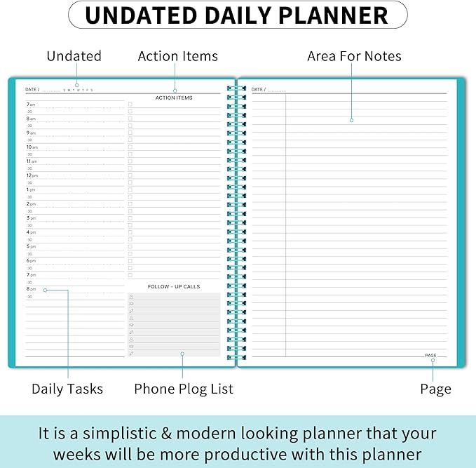 Daily Planner Undated - Spiral Appointment Planner, 208 Pages, 8.8" x 11", Daily Planners with Hourly Schedules, Appointment Book for Man/Women, Inner Pocket, Elastic Closure - Green
