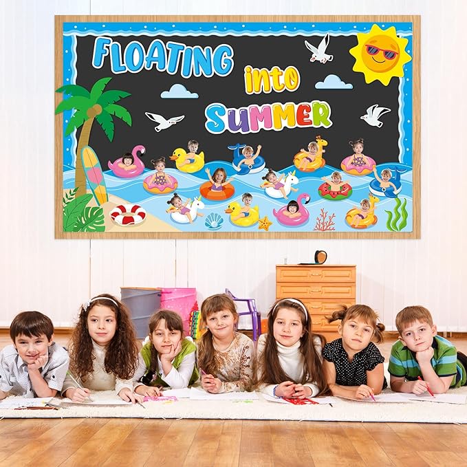 Summer Bulletin Board Classroom Decorations Floating into Summer Paper Cutouts Swim Ring DIY Photo Craft Set Hawaiian Theme Tropical Bulletin Board Borders for Back to School Office Teacher Supplies