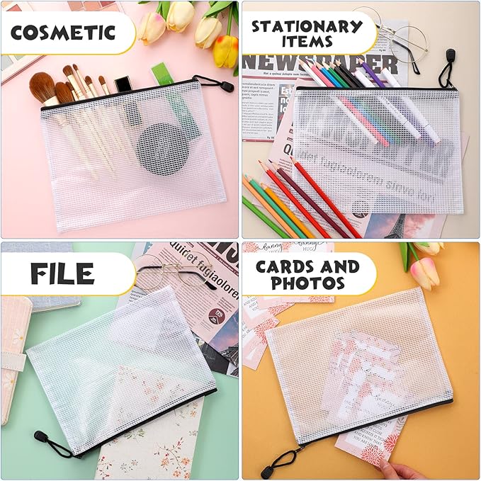 Roowest 48 Pcs A5 Mesh Zipper Pouch Plastic Zipper Pouch Clear Pencil Waterproof Bag with Multipurpose Mesh Storage Bag for School Office(Black)
