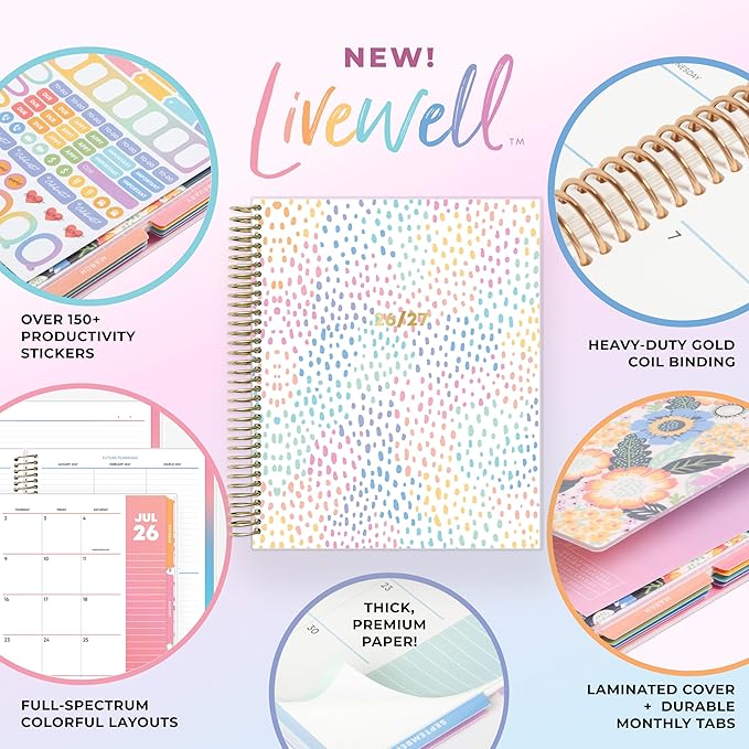 Blue Sky Livewell 2026-2027 Weekly and Monthly Academic Year Planner Calendar, July 2026 - June 2027, 7" x 9", Flexible Cover, Wirebound, Colorful Interior, Laminated Tabs, Storage Pocket, Includes Stickers, Rainbow