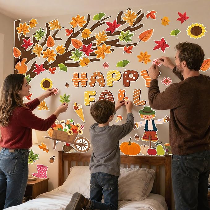 109Pcs Happy Fall Bulletin Board Decorations Set Autumn Thanksgiving Fall Tree Maple Pumpkin Leaf Scarecrow Cutouts with Glue Points for Home School Chalkboard Wall Decor