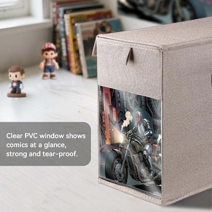 2 Pack Comic Book Storage Box with Lid for Modern Age, Collapsible Magazine Organizer with Clear Window, Beige