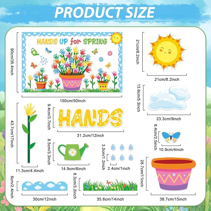 Spring Classroom Bulletin Board Decorations Hands Up for Spring Cutouts Colorful Handprint Flowers Bulletin Board Decoration for Classroom School Office Chalkboard Home Wall Door Decor Supplies