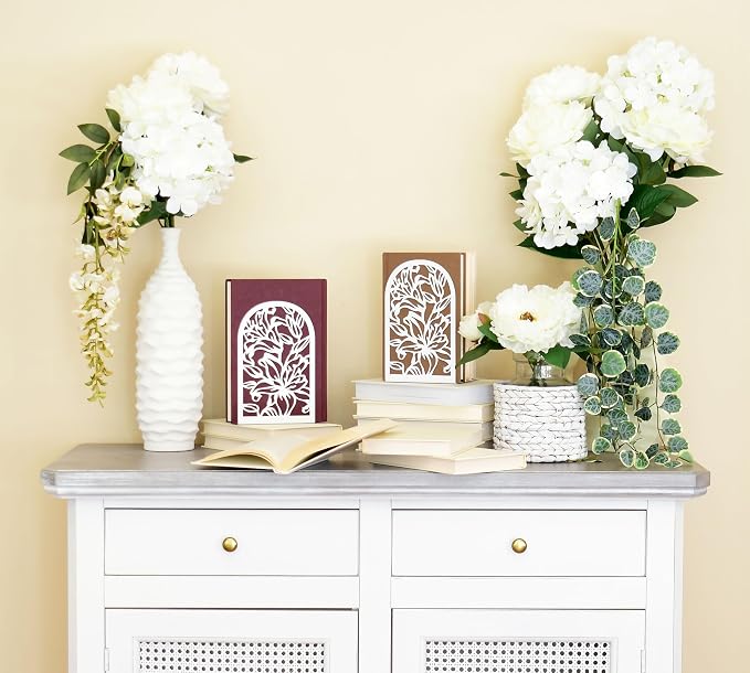 CNK Premium BookEnds - Metal Book Stoppers for Heavy Books, Home Office, Decorative Lily Flower White