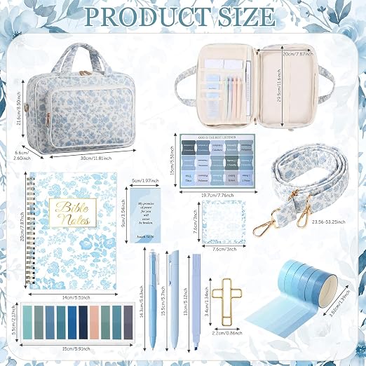 Capoda Bible Cover Case for Women, Bible Tote Bibles Study Supplies with Notebook Highlighters Ballpoint Pen Sticky Notes Scripture Card for Mother's Day Christian Gifts Women Mom Girls(Flower,Blue)
