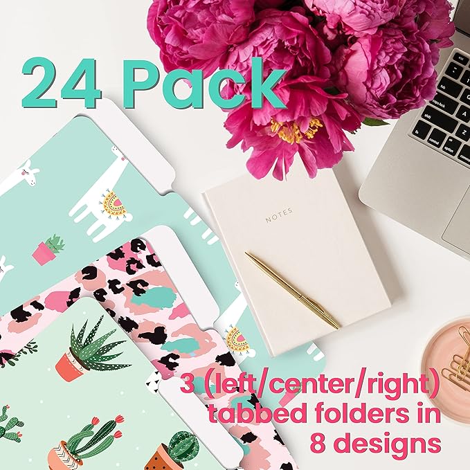 Better Office Products Decorative File Folders, 24 Pack, 8 Designs, Heavyweight, Letter Size (9.5" x 11.5") with 1/3 Cut Tab, Cute & Fun Modern Designs, Fashion Folders