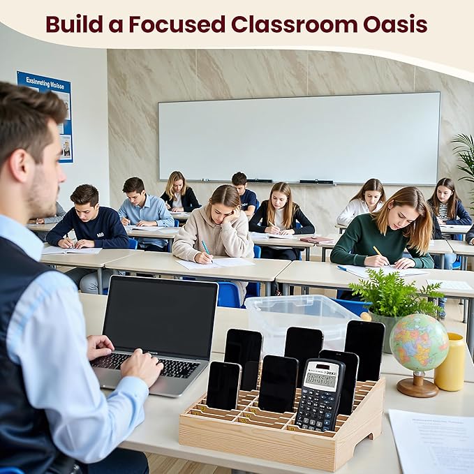 Classroom Cell Phone Holder, Fully Assembled 36 Grid Cellphone Storage Box for Student Management, Wooden Calculator Organizer Caddy for School Office