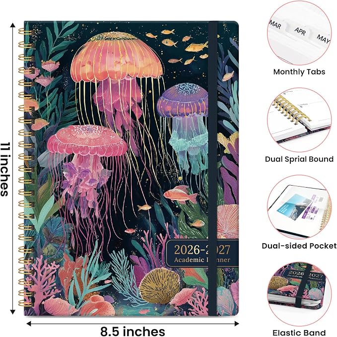 Planner 2026-2027, Monthly and Weekly Calendar Academic Planner July 2026 - June 2027, Hardcover Student Teacher Planning Agenda Book with Tabs, Perfect for Office School Supplies, A4 (8.5" x 11") - Jellyfish