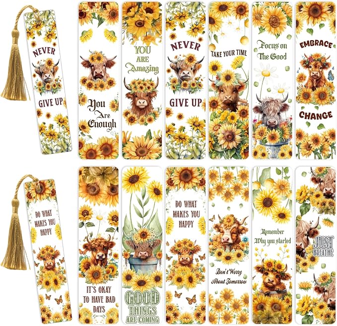AFRITEE UV DTF Bookmark Wraps - 24 Sheets Cute Highland Cow Blank Bookmark UV DTF Stickers, Sunflower Flower Double-Sided Waterproof Transfer Sticker Decals Decoration Gift for Book Lovers