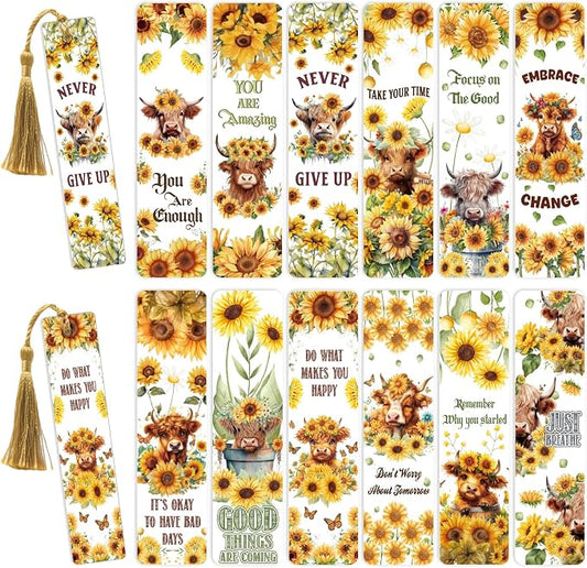 AFRITEE UV DTF Bookmark Wraps - 24 Sheets Cute Highland Cow Blank Bookmark UV DTF Stickers, Sunflower Flower Double-Sided Waterproof Transfer Sticker Decals Decoration Gift for Book Lovers