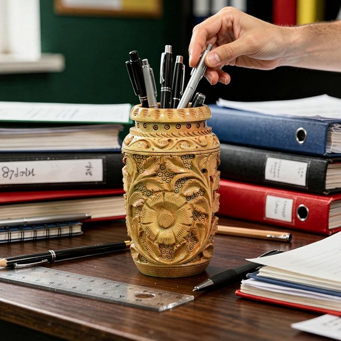 Craft Trade Hand Carved Wooden Pen Holder Desk Organizer, Floral Design Pencil Holder Cup for Office Home School, Wood Stationery Storage Box, Desk Decor, Brown