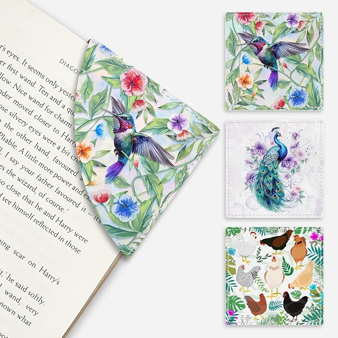 Icycay Cute Peacock Hummingbird Chicken Corner Bookmarks, Leather Book Accessories for Book Lovers, 3 Pcs Reading Book Page Markers for Women Men Student Teacher Kids Retirement Birthday Gift