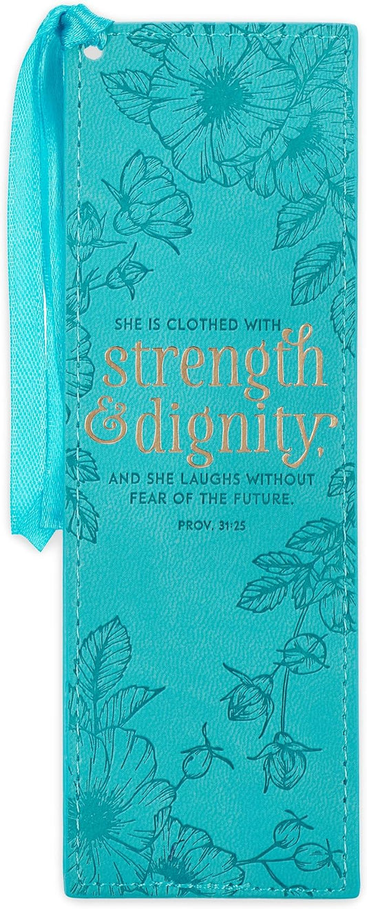 Christian Art Gifts Vegan Faux Leather Scripture Bookmark for Women: Strength and Dignity - Proverbs 31:25 Inspirational Bible Verse, Heat-Debossed, Faith-Based Reading Accessory with Tassel, Teal