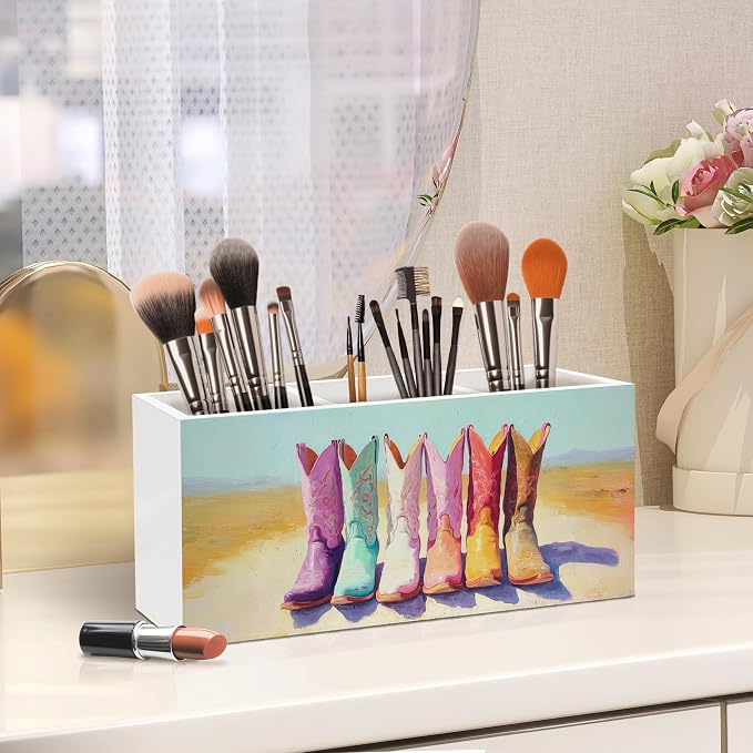 Western Cowgirl Boots Pen Holder, Rustic Country Western Office Pen Pencil Holder Organizer for Desk Accessories, Cowgirl Gifts Wooden Box Desk Decor for Home Office Desk Decorations