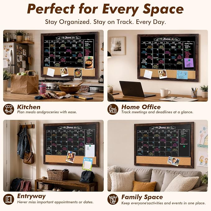 GOTIDEAL Chalkboard Calendar 36" x 24" Chalk Board Calendar for Wall Magnetic Chalkboard Framed,Wall Mounted,Blackboard for Office,Kitchen,School,Home