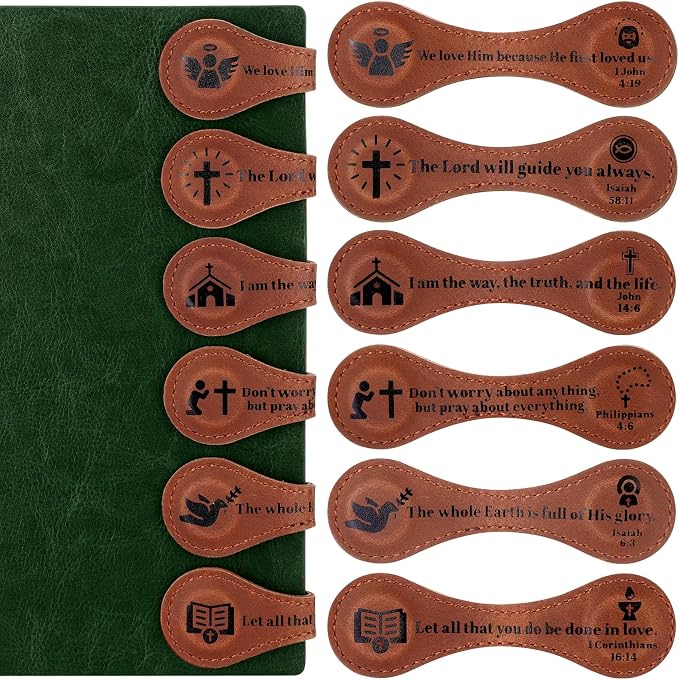 Spakon 6 Pcs Christian Fathers Day Magnetic Bookmark Gifts Bible Bookmarks Religious Personalized Magnetic Leather Book Marker for Men Women Coworkers Teachers Students(Brown,Classic)