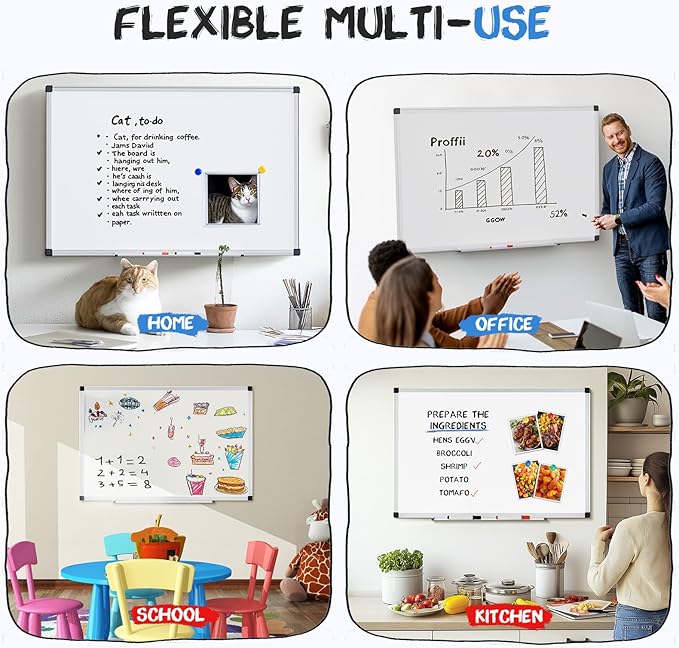 NEWBULIG Magnetic Dry Erase Board, 36" x 24" Large White Board for Wall with 1 Dry Eraser & 2 Multicolor Markers & 4 Magnetic Pins, Silver Aluminum Frame for Office, Home, School
