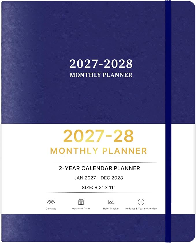 2027-2028 Monthly Planner, 2 Year Calendar Planner, Jan 2027 - Dec 2028, 8.3'' x 11'', 24 Months, Embossed Cover, with Printed Tabs ＆Pocket, Elastic Closure, Organizer for Office Home School, Blue