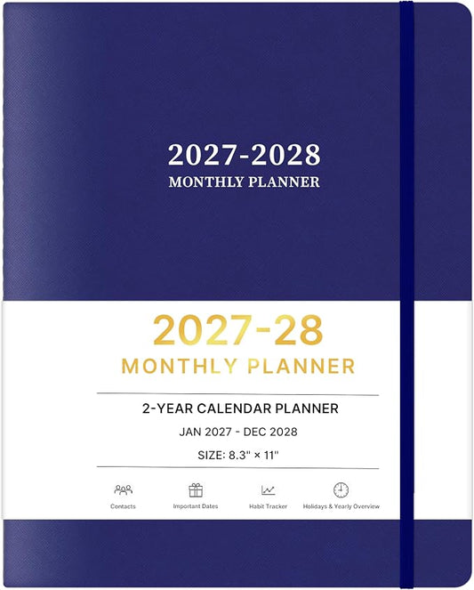 2027-2028 Monthly Planner, 2 Year Calendar Planner, Jan 2027 - Dec 2028, 8.3'' x 11'', 24 Months, Embossed Cover, with Printed Tabs ＆Pocket, Elastic Closure, Organizer for Office Home School, Blue