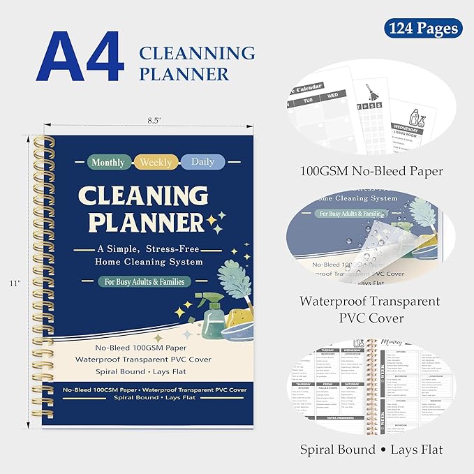 Cleaning Planner & Chore Checklist Organizer – Monthly Weekly Daily Cleaning Schedule Notebook, No-Bleed 100GSM Paper, Waterproof Transparent PVC Cover, Spiral Bound Home Cleaning Planner for Busy Families