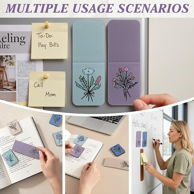 Hsei 6 Pcs Magnetic Leather Bookmark Floral Magnet Leather Book Marker Clips Accessory Women Flower Cute Reading Gifts for Bookworm Lovers Mother's Day Birthday Teacher's Appreciation Gift(Morandi)