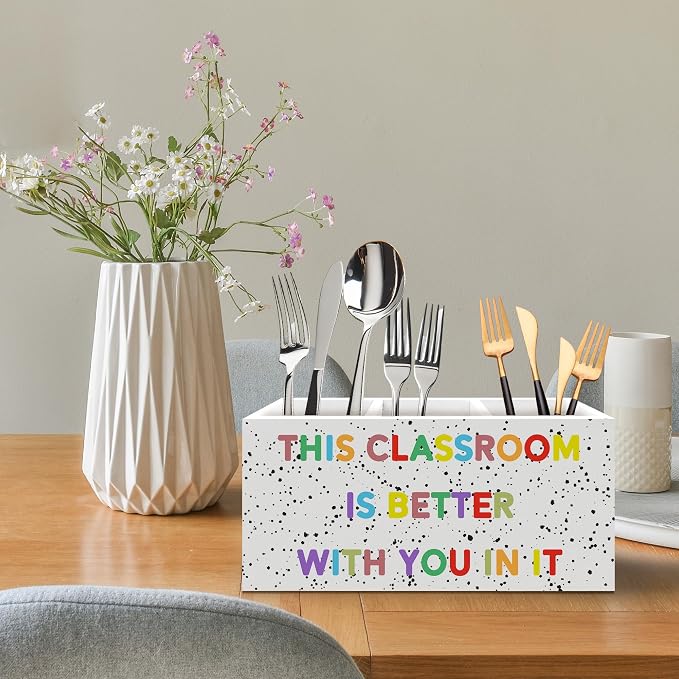 Classroom Pen Holder, Motivational Pen Pencil Holder Organizer for Desk Accessories, This Classroom Is Better with You In It Wooden Box Desk Decor for Kids Room Bedroom Desk Decorations